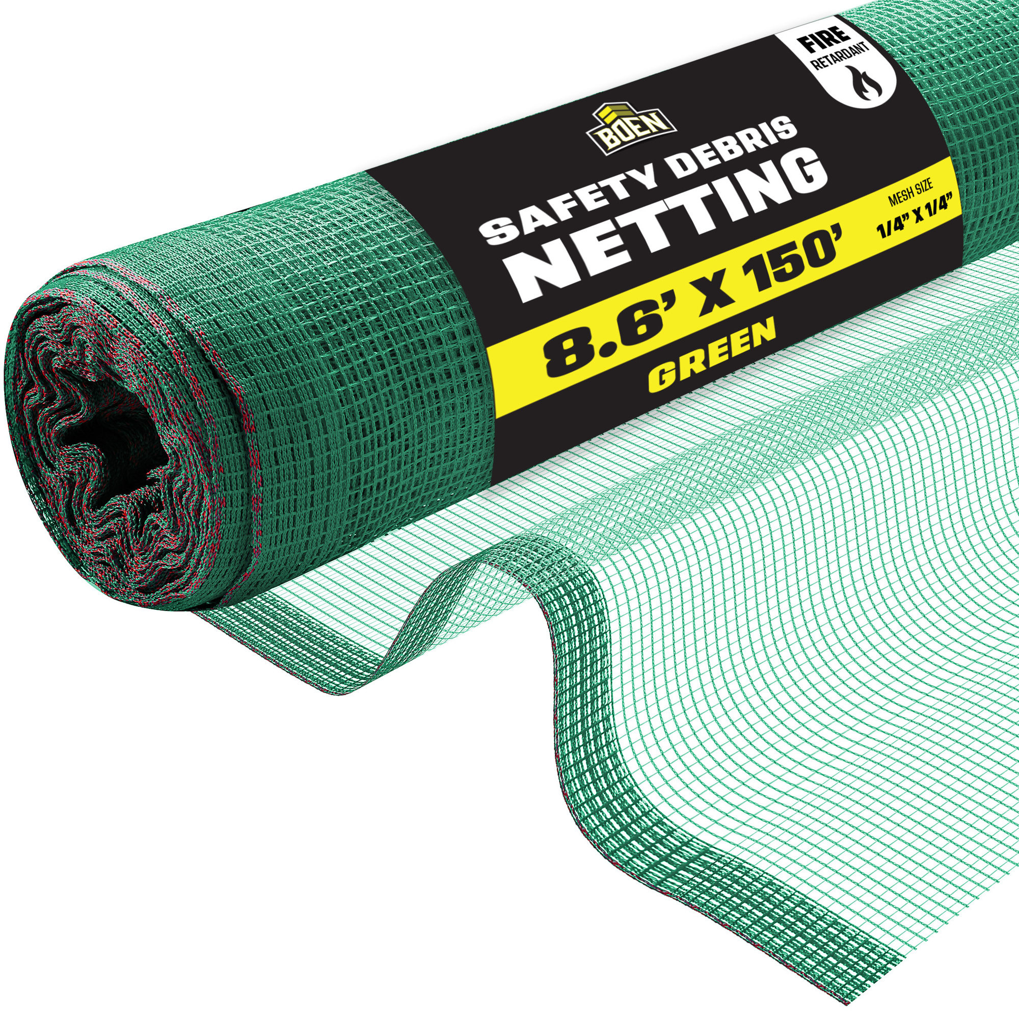 Boen Green Safety Debris Netting, 8.6 ft x 150 ft, 1/14" Mesh, Fire Retardant, UV Treated for Scaffolding, Dust Control, Construction Barrier Fencing, Wind Block, and Site Protection